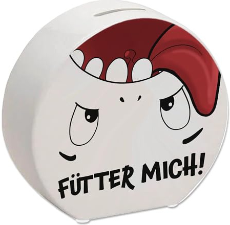 Spardose mit Comicfigur und lustigem Spruch in weiß - Fütter Mich! lustige ComicSpardose mit Mund zum Füttern für Kinder und Erwachsene die für einen größeren Wunsch sparen wollen
