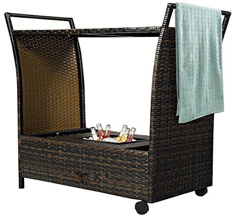 Chusstang Rattan Trolley Cart Rolling Patio Wine Cart Outdoor Wicker Serving Bar Cart Patio Rattan Bar Table For Backyard, Poolside, Garden