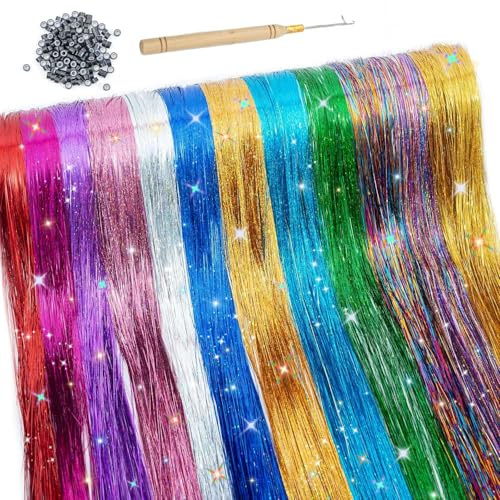 Hair Tinsel Haar-Glitzerfäden, 12 Farben 3200 Stränge Haarlametta 120cm, glitzernde hitzebeständige Haaraccessoires, Feenhaar-Dekorationen für Frauen, Mädchen und Kinder, Parties und Festivals