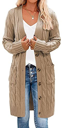 Earnmore långärmad kabelstickad lång cardigan öppen framsida, tröja ytterkläder, khaki,, Khaki, M