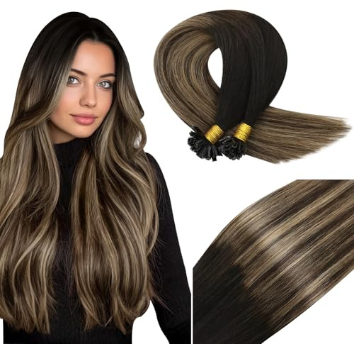 Vivien U Tip Extension Cheveux Naturel Balayage Brun Extensions de Cheveux Humains Bonding Noir à Brun Ombre Blond Caramel Pre Bonded Femme 55cm 50g/50s #1b/4/18