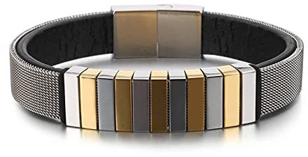 Stfery Armbänder für Herren Armspange, Armbänder für Herren Gold Edelstahl Leder Retikulation 20.5CM Armband 12MM Bracelet Modeschmuck Geschenke