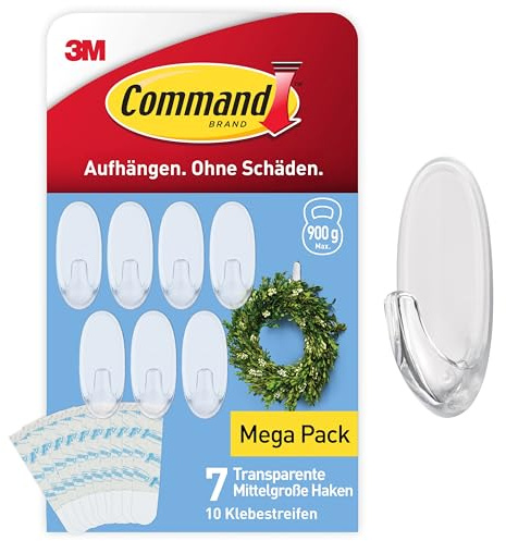 Command Crochets Ovales Transparents Moyens avec Languettes Transparentes, Lot de 7 Crochets et 10 Languettes - Pour Accrocher et Décorer Sans Abîmer
