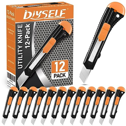 DIYSELF 12-Pack Box Cutters, Disposable Utility Knife, Box Cutter Retractable for Office, Shop, Warehouse, Utility Knives with18mm Snap-Off Blades, Portable Box Opener, Razor Knife Set, Paper Knife