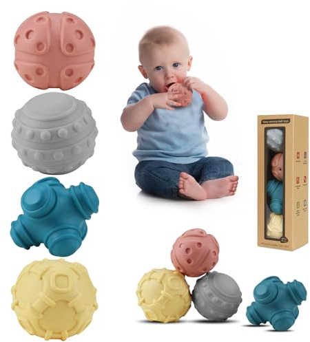 ATKSUNIEE 4 Pack Sensory Balls for Baby,Baby Balls Easy Grape Soft Textured Ball Set,Infant Squeeze Sensory Toys,Sensory Exploration Toys Gift for 6-12 Months