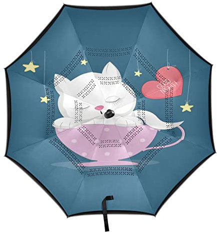 Vnurnrn Love Cat Stars Bowl Automatic Inverted Umbrella Auto Open Close Windproof Car Reverse UV Protection Travel Umbrellas for Rainy Beach Women