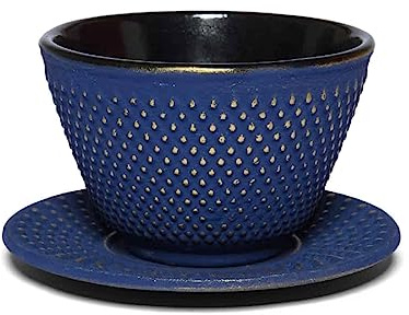Teeladen Herzberg Maoci Gusseisen Teecup/Teeschale/Teetasse Arare blau-gold mit Unterteller