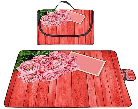 Picknickdecke 200x300cm,XXL Picknickdecke mit Wasserdichter Unterseite,Outdoor Stranddecke Sandfrei,mit Tragegriff Faltbare Picnic Blanket für Camping,Strand,Familie,Konzerte Rosa Holzmaserung Rose