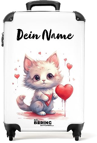 NoBoringSuitcases.com Fotokoffer personalisiert, Kinder-Handgepäck Trolley 55x40x20cm - Trolley mit Kätzchen und Herzchen - Leicht - Koffer mit Namen und Initialen