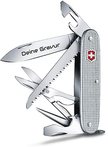 Victorinox Farmer X Alox silver mit Gravur auf der Klinge Griff I Geschenk für Männer Frauen I zum Geburtstag I Schweizer Taschenmesser personalisiert mit 10 Funktionen 0.8271.26