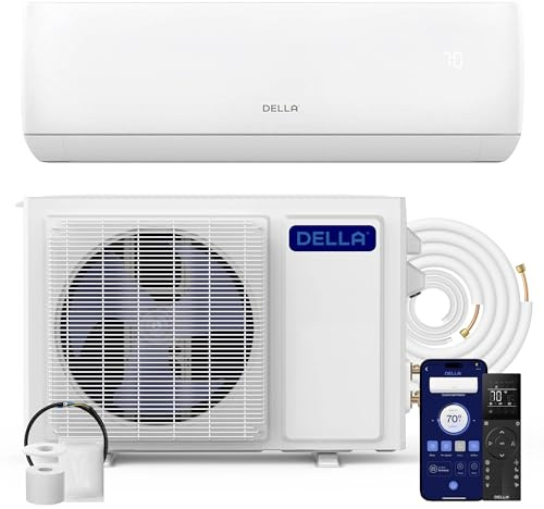 DELLA 12000 BTU Wifi habilitado Mini Split 20 SEER2 enfría hasta 550 pies cuadrados 110-120V sistema de aire acondicionado y calentador sin conductos con bomba de calor precargada de 1 tonelada