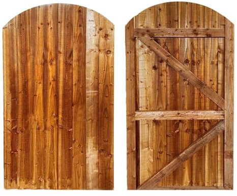 BEDS PLANET Feather Edge Dome Flat Top Gate, Wooden Pressure Treated, Semi-Braced Strong Garden Gate, Timber Gate For Garden (180cm High x 90cm Wide x 6cm Deep)