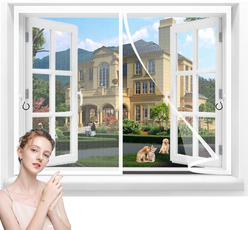 Fliegengitter Fenster Magnet 160x165cm Netz Robustes Fiberglas & extra starke Magnete,Insektenschutz Fliegenvorhang,ohne Bohren - Vorhang für Balkontür Wohnzimmer Schiebetür Terrassentür Weiß