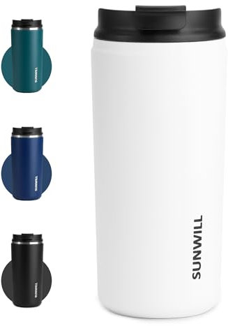 SUNWILL Coffee Cup Travel Mug, Coffee Mug with Leakproof Lid, 355ml Thermal Cup Satinless Steel, Cupholder Friendly, White