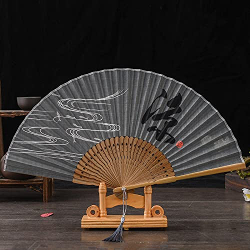 SaryEdge Handfächer, faltbar, Handfächer, Vintage, grau, orientalischer Stoff, Flachs-Bambus-Fächer mit Quaste, chinesischer Fächer, dekorative Faltfächer für Zuhause, für Tanzpartys und Hochzeiten