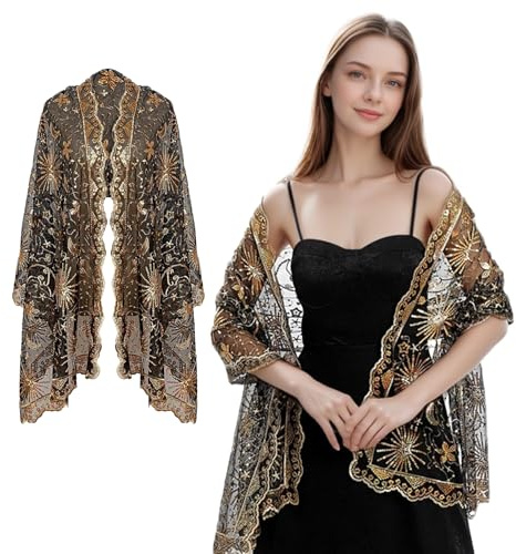 Werownsgso Bufanda de lentejuelas para mujer, estola para vestido de noche, estola festiva con purpurina, estola para mujer, festiva, para bodas, vestidos de noche, fiestas, Negro y dorado., Talla