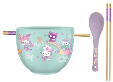 Silver Buffalo Sanrio Hello Kitty and Friends Pastel Dreamland mit Pochacco, Chococat und Keroppi Keramik-Ramen-Nudel-Reisschale mit Essstäbchen und Löffel, mikrowellengeeignet, 590 ml