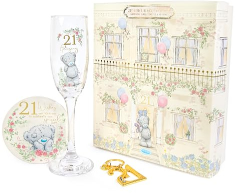 Me To You Tatty Teddy 21st Birthday Gift Set Includes Champagne Glass, Coaster & Keyring Bottle Opener in Luxury Gift Box - Signature Collection, Gold
