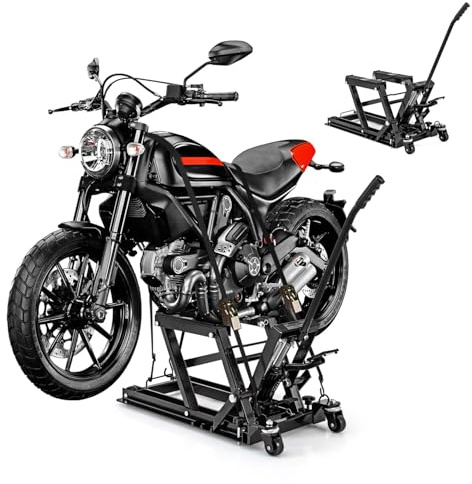 GYMAX Martinetto Idraulico per Moto, Sollevatore ATV a Cerniera con Manico Lungo, 4 Ruote, Portata 680 KG, Gamma di Sollevamento 12-38,5 cm, Cric Idraulico a Pedale per Moto, ATV (Nero)