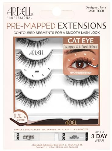 Ardell Pre-Mapped Eyelash Extensions Kit - False Lashes Cat Eye, Reusable Segmented Lash Strips, Long-Lasting with Lash Glue and Remover, 4-pack