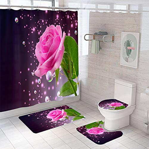 Badezimmerteppich Rosa Blumen Badteppich rutschfest Waschbar Badgarnitur 4 Teilig – Badematte Set Mit Wc-Vorleger Und Badematte,Teppich Badezimmer Für Sicherheit Und Komfort Im Bad 50×80Cm