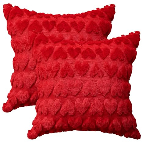 Artoid Mode Rot Weich Künstliche Pelz Jacquard Herz Kissenbezüge 2er Set, 50x50 cm Plüsch Samt Sofakissen Zierkissenbezug Schlafzimmer Deko