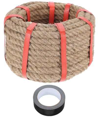 sourcing map Juteseil, 1,3 cm x 13,4 m, schweres, natürliches, dickes, gedrehtes Seil mit schwarzem Band für Handwerk, Geländer, Docks, Tauziehen, Schaukel, nautische Landschaftsbau