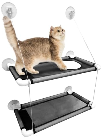 Poludatly Ventana de Cama para Gatos, repisa de Hamaca de Doble Capa con Ventosa, estantes de Seguridad para Mascotas, Ahorro de Espacio, Asiento de Gatito montado Transpirable