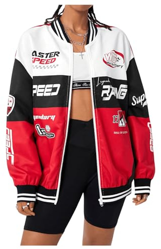 Verdusa Women's Graphic Motorcycle Racing Bomber Jacket Streetwear Zip Up Outerwear Y2k Fall Jackets Black Medium