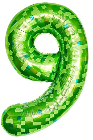 Pixelisée Foil Ballons Anniversaire 9- Verte - 100cm -Hélium Ballon Chiffre 9 - Happy Birthday Ballons Vidéo Game Anniversaire Party Décoration Pour Enfants et Adultes