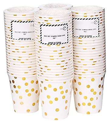 Lot de 100 gobelets jetables en carton à pois dorés de 255 ml