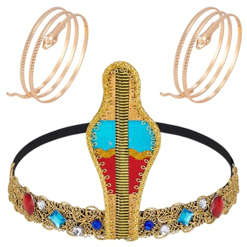 UNICRAFTALE 3 Stücke Ägyptische Kostüm Accessoires Für Damen Goldene Schlange Dehnbare Stirnbänder Kopfschmuck Mit Metall Schlange Armreifen Schlangen Oberarmspiralen Armbänder Für Halloween Schmuck