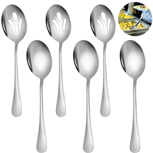 Juego de 6 cucharas de acero inoxidable para servir buffet, incluye cucharas ranuradas y regulares, acabado pulido, utensilios resistentes y resistentes al óxido para catering