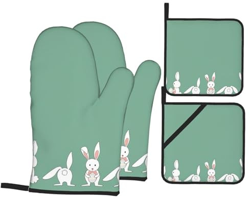 Set di 4 guanti da forno con stampa coniglietto pasquale presine, guanti da cucina in silicone resistente per cucinare all'aperto