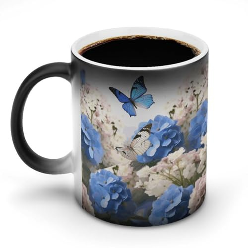 DDTKLSNV Hydrangeas Daisies Butterflies Ceramic Coffee Mug 11oz Heat Sensitive Magic Coffee Mug Color Changing Coffee Cup Tea Cup for Women Men