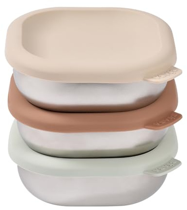 BÉABA, Lot 3 Pots Repas Bébé Inox, Portions Évolutives Purées & Goûters, Hermétiques, Incassables, Micro-ondes & Congélateur, Sans BPA, Sans Odeur, Boîtes de Conservation Durables, 250 mL, Natural Set