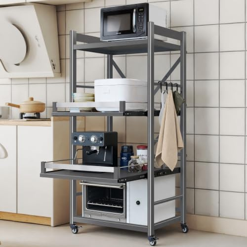 quolliter Küchenregal mit Rollen, 4 Ebenen Standregal aus Stahl bis 150 kg | Vollauszug•Mehr Arbeitsfläche•Rostgeschützter Karbonstahl•Höhenverstellbar•60cm Breit•Ideal für Mikrowelle & Airfryer