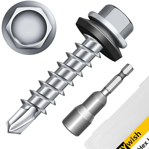 Mywish 50 tornillos autoperforantes de cabeza hexagonal #10 x 1 con arandela EPDM, tornillo de madera de acero chapado en zinc, tornillos de techo de chapa con enchufe hexagonal