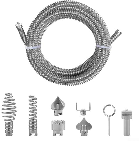 Pipe Cleaning Spiral for Electric Pipe Cleaner Machine, 12mm Diameter, High-Strength Steel with 6 Interchangeable Cutting Heads(C)
