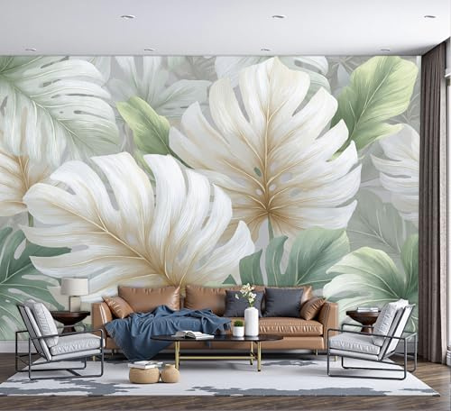 Papel Pintado De Hojas Tropicales 300x210cm, Fotomurales Papel Pintado Estilo Exótico, Panoramico Decorativos Dormitorio Salón Sala Gris Claro Murales Papels Tapiz