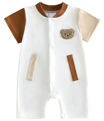 JCOPLY Newborn Baby Boy Summer Romper Bear Applique Embroidery Contrast Short Sleeve Button Stand Collar Bodysuit Soft Infant Jumpsuit One Piece Outfit