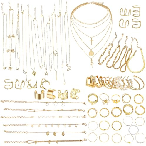 UJBVCX 73PCS Joyas de Mujer, Conjunto de Joyas de Collar, Pulseras, Anillos de Nudillo, Ear Cuffs, Pendiente, Joyería y Colgante para Mujeres, Oro Inicial en Capa Joyas