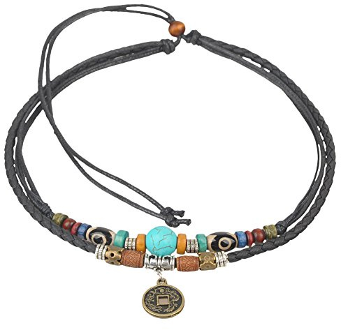 Ancient Tribe Boho Double Cord Choker Necklace with Chinese Coin Pendant, Turquoise Stone & Colourful Beads, Adjustable 38 cm (15 inch)