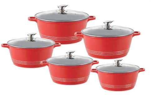 Durane Die-Cast Stockpot with Lid 5pc Set of Pots for Cooking Non-Stick Cooking Pot Casserole Set with Vented Glass Lids Induction Cooking Set Soup Pot (Red)