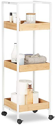 Relaxdays, weiß-braun Badregal mobil, 3 Ablagen, Laufrollen, Allzweckregal HxBxT: ca. 89 x 30 x 30 cm, Holz und Metall, Standard
