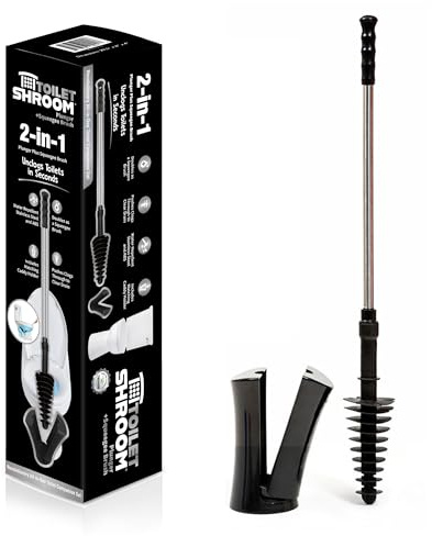 ToiletShroom Revolutionary Plunger, Squeegee, Clog Remover, Drain Cleaner, Bathroom Toilet Dredge Tool, Stainless Steel Handle with Caddy Holder, Оne Расk, Black