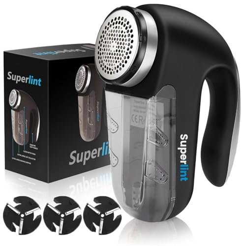 SUPER LINT Professional Electric Sweater Shaver Best Fuzz Pill Bobble Remover for Fabrics, Bedding, Clothes and Furniture, Use with Batteries or Power Adapter, Black & Silver