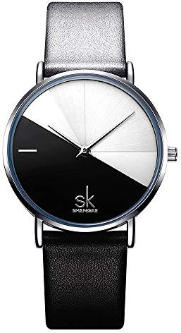 SHENGKE Damen Armbanduhr Kreative Frauen Uhren Marke Uhr Frauen Mesh Kleid Uhr Echtes Leder(K0095-Black&White)