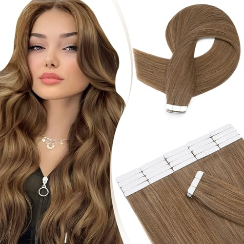 Elailite Invisible Tape Extensions Echthaar 40cm Hellbraun 20 PCS Remy Seidig Haar Tape in Extensions Echthaar Glatt Gerade Skin Weft Haarverlängerung 30g #6