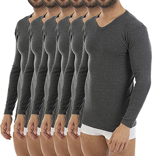 Lacotex Camiseta Interior Termal de Hombre | Camiseta Manga Larga y Cuello Pico Térmica | Confort y Protección Térmica Interior | Pack Ahorro 6 Unidades | Talla M L150 Gris